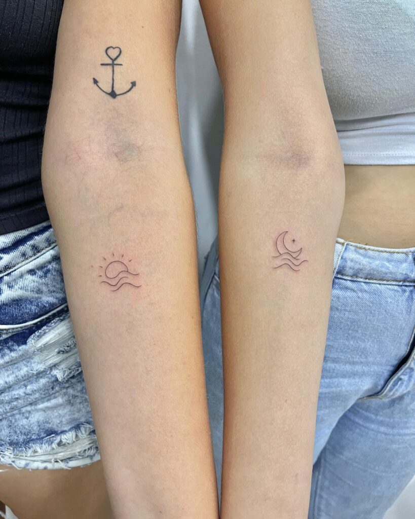 Friends Matching Tattoos, Sun and Wave, Moon and Wave in Fineline: Bonded Elements