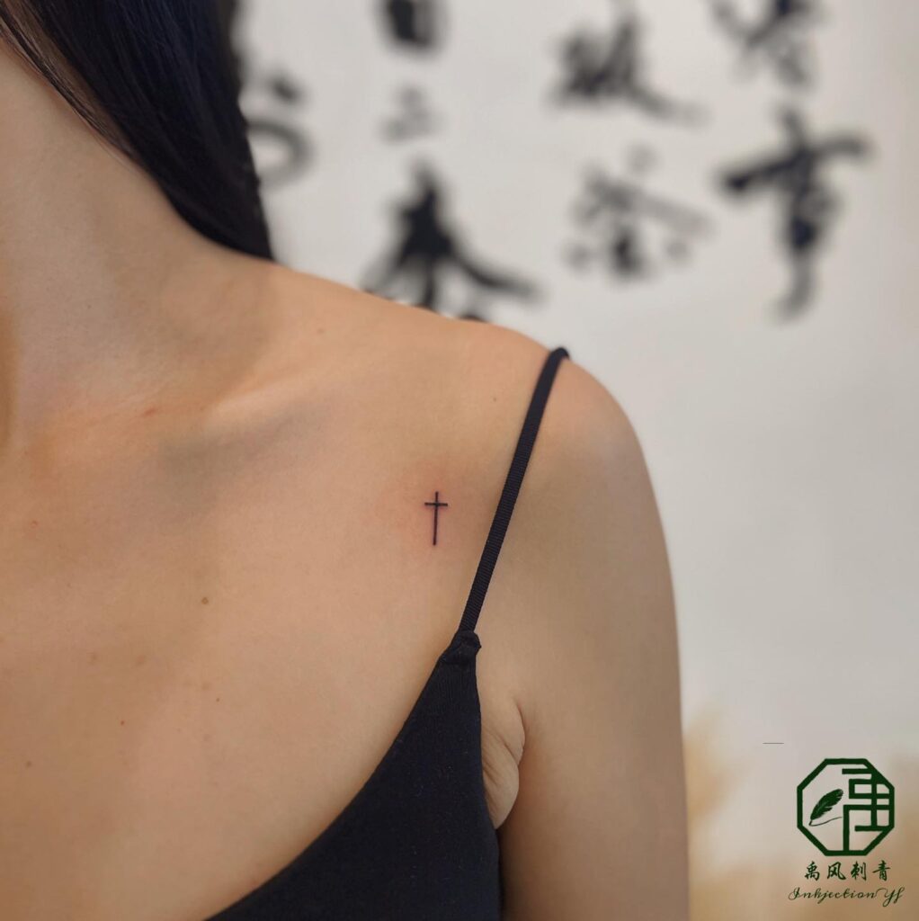 Front Shoulder Elegance Simple Cross Tattoo for Women