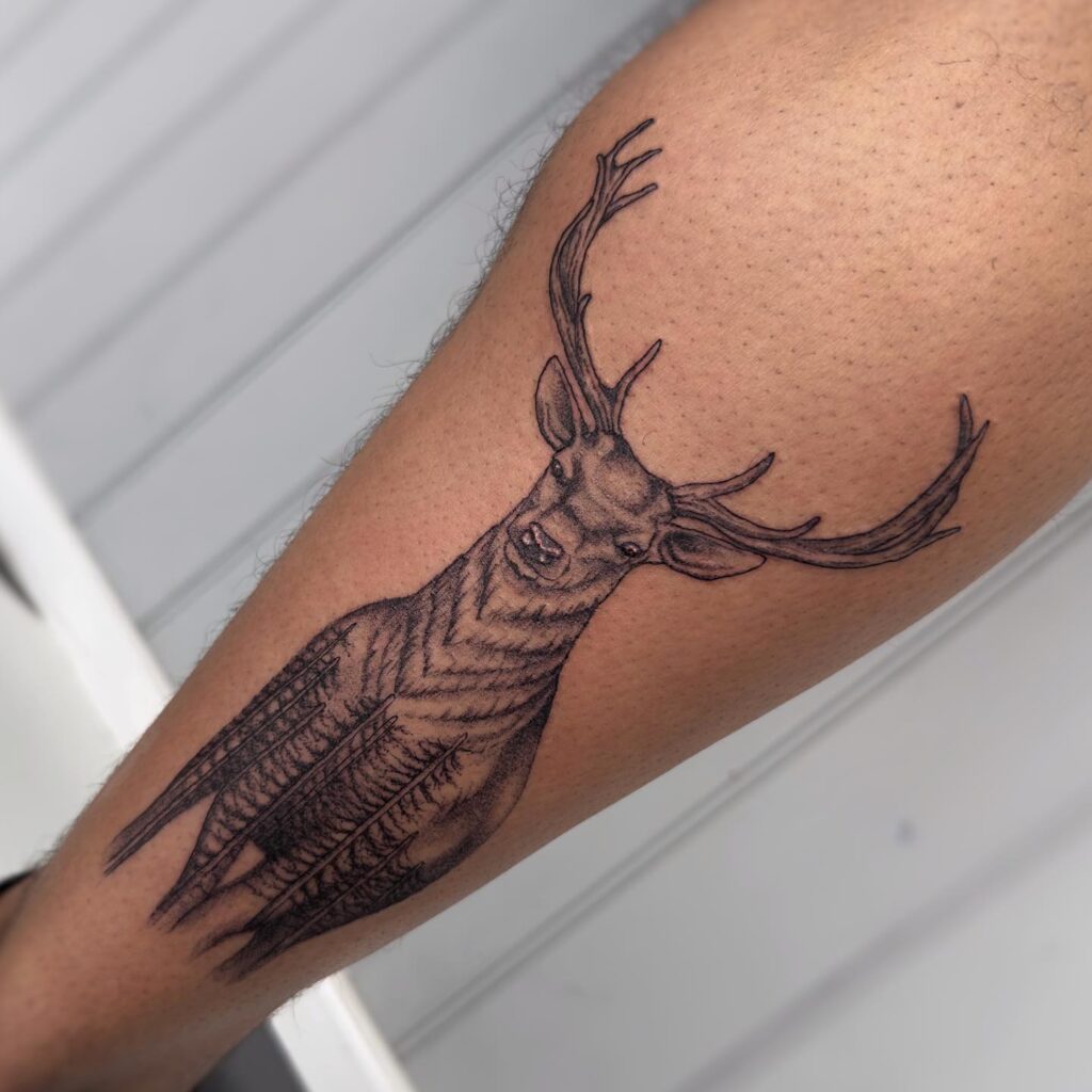 Front View Stag Tattoo on the Calf in Black and Grey: Woodland Majesty 