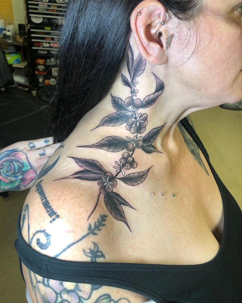 Full Neck Tattoo Ideas for Females Expressive Coffee Plant Art
