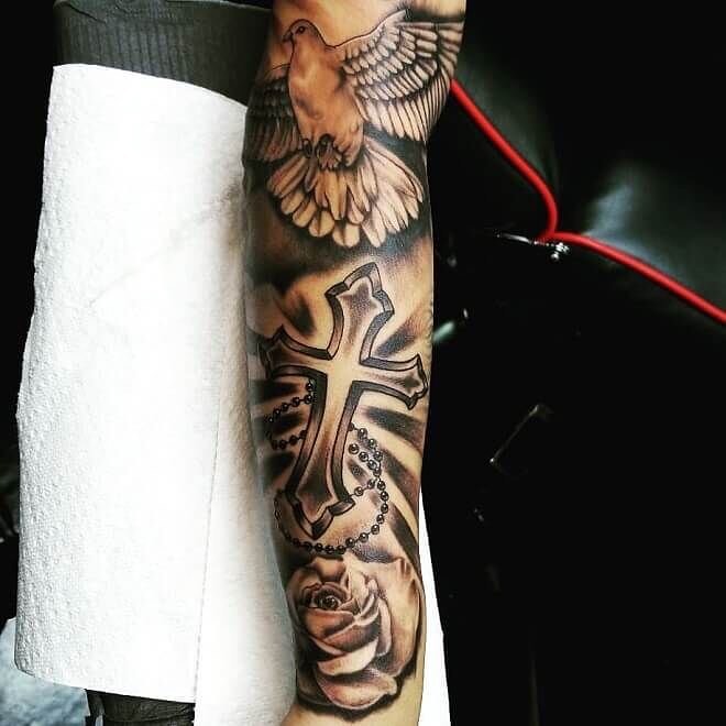 Full Hand Cross Roses Tattoos With Pigeon