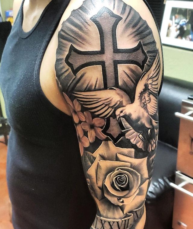 Full Hand Cross With Rose Tattoo Designs For Men