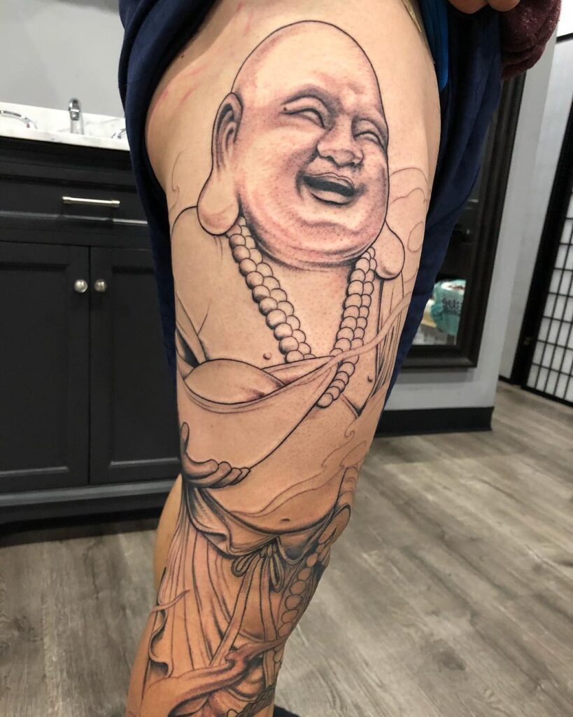 Full Leg Coverage with Outlined Laughing Buddha and Fudog Tattoos: Harmony Ensemble 