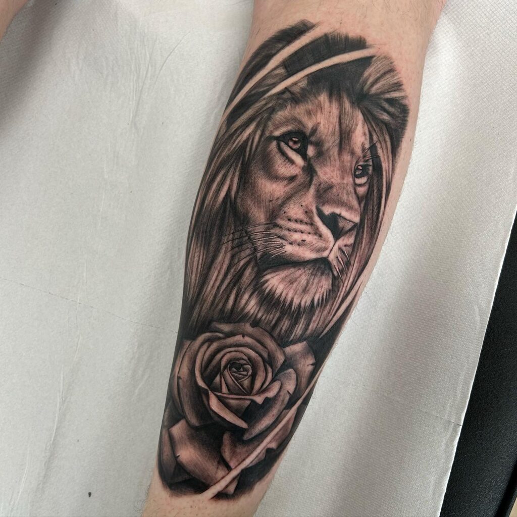 Fully covered calf realism tattoo with lion face and rose below for women: wild rose encounter