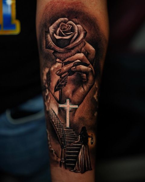 Fully Shaded Cross And Roses Tattoo For Men