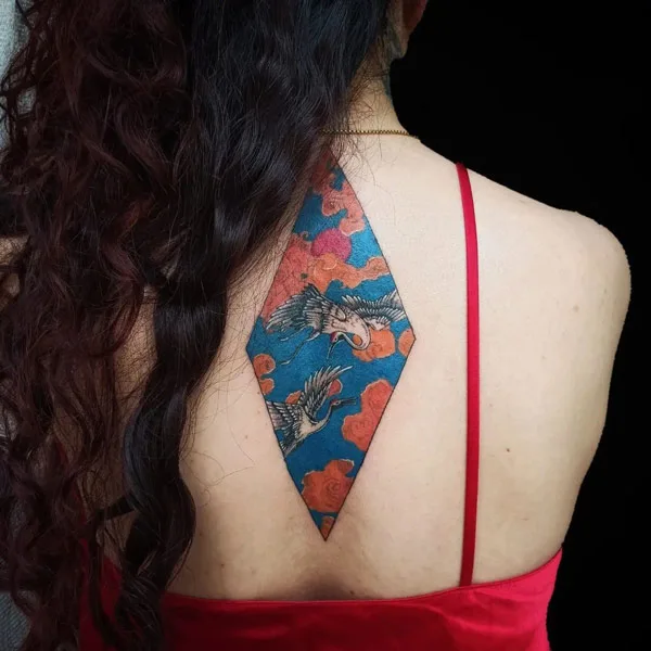 Geometric Japanese crane tattoo