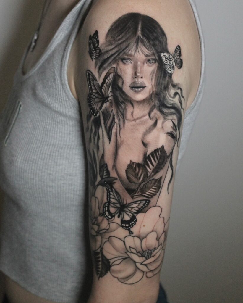 Geometric dot work full-sleeve tattoo inspiration