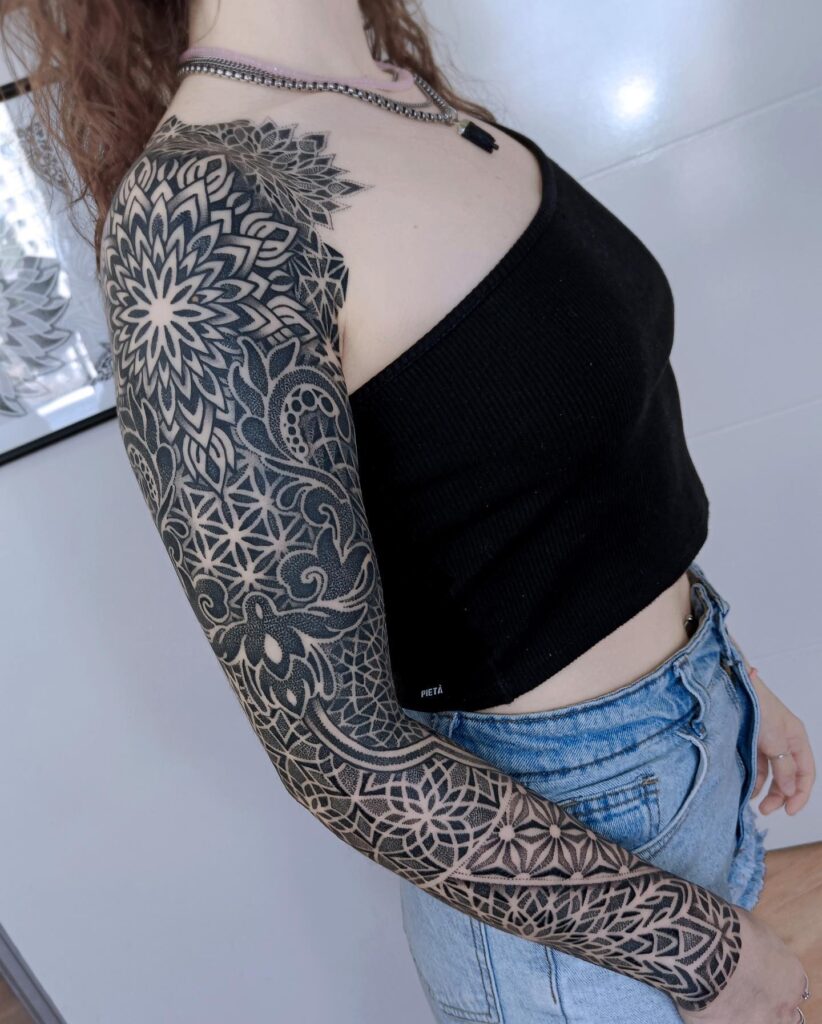 Geometric harmony full sleeve mandala tattoo for females