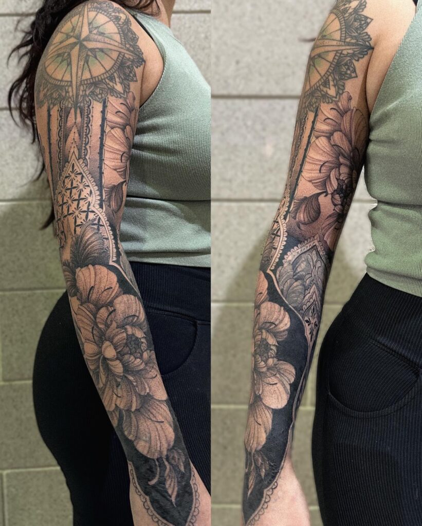 Geometric mandala tattoo sleeve with floral and ornamental designs
