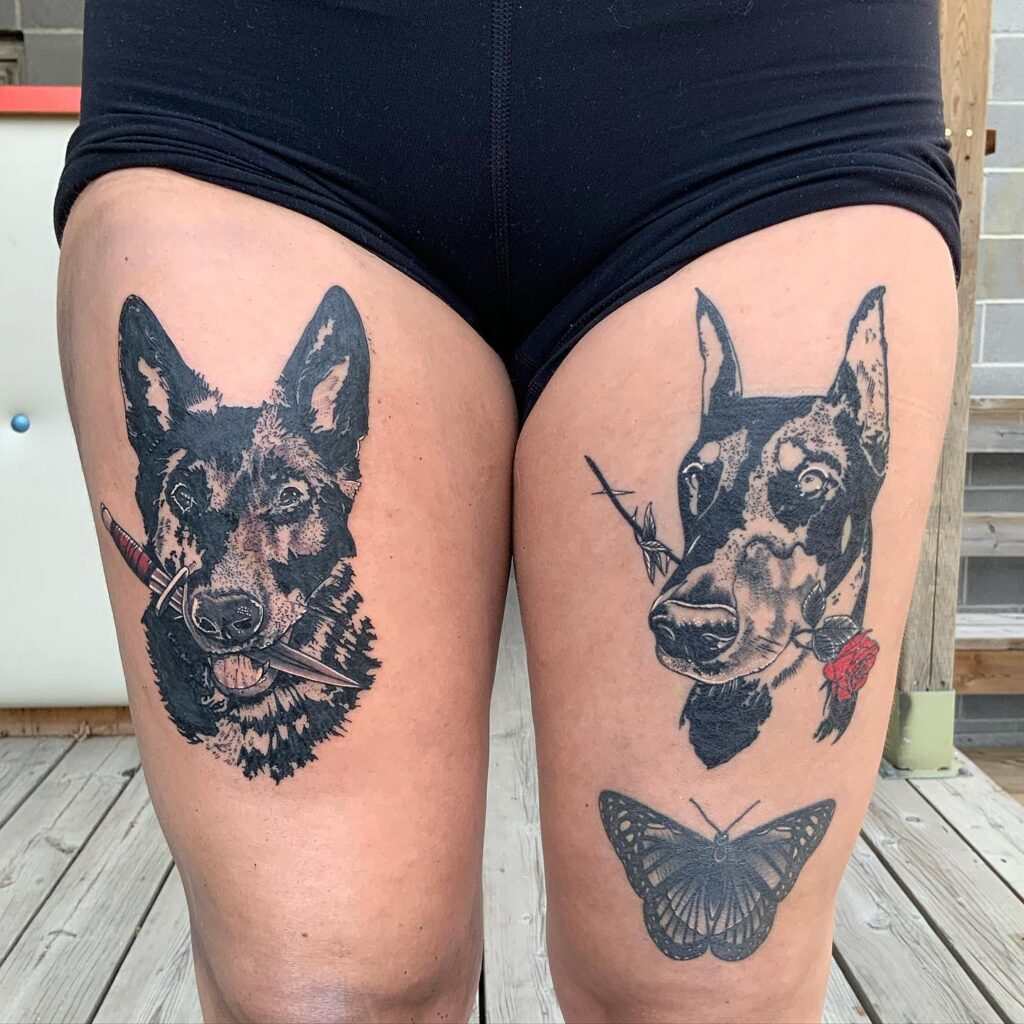 German Shepherd Tattoo Art Healing Left Leg, Fresh Right Thigh Ink Womens Body Art