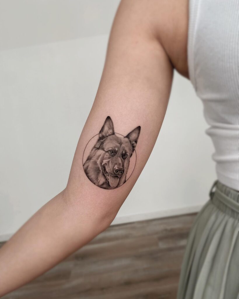 German Shepherd Portrait Tattoo Above the Elbow: Circle of Loyalty