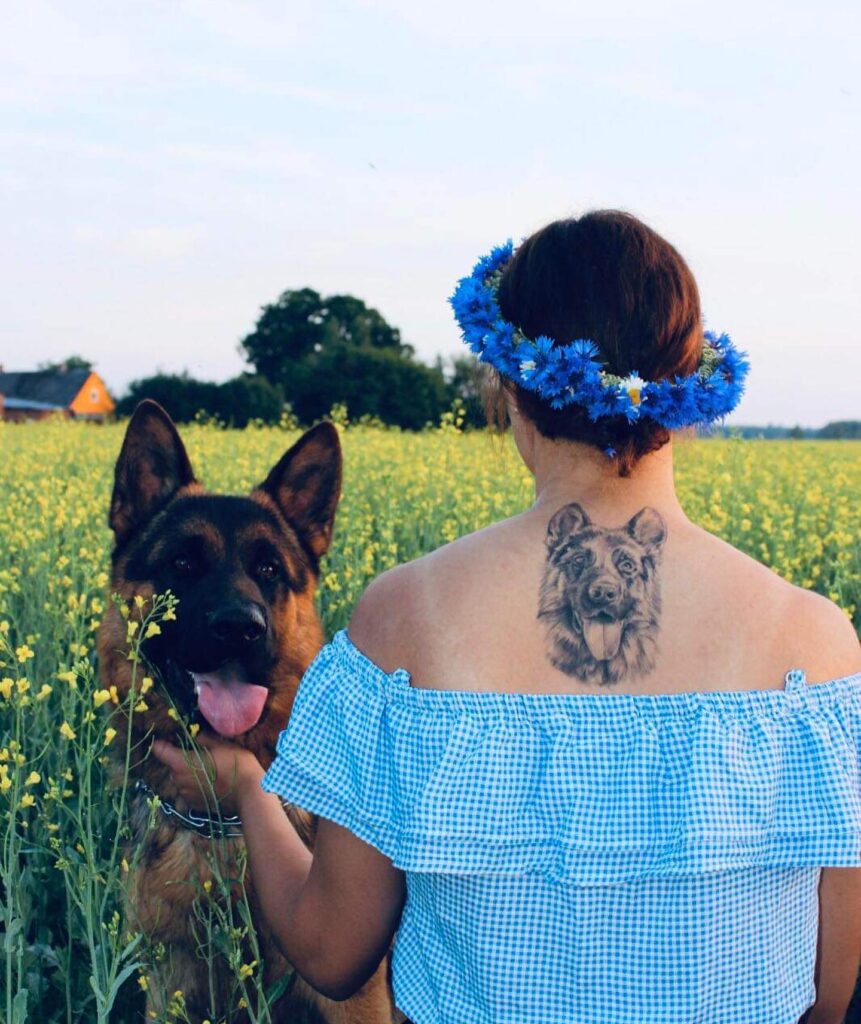German Shepherd Portrait Tattoo on the Back of the Neck for Female: Nape's Guardian
