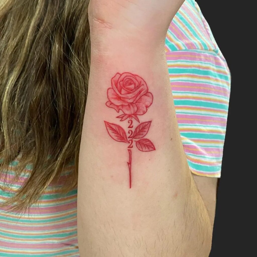 Girls with Rose Tattoo in Red Color on the Side of the Wrist, with 222 Text Integrated, a Romantic Symbol: Floral Fusion 