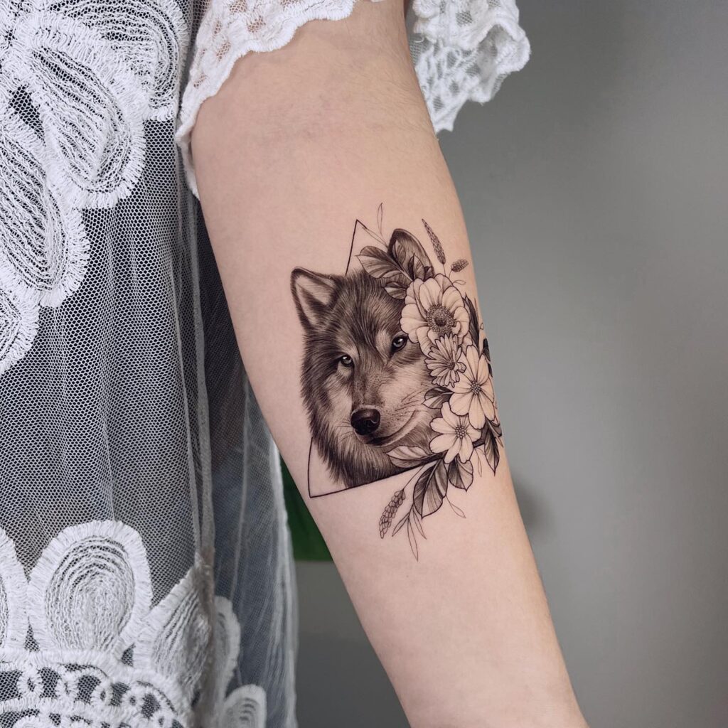 Girly Realistic Wolf Tattoo on the Arm