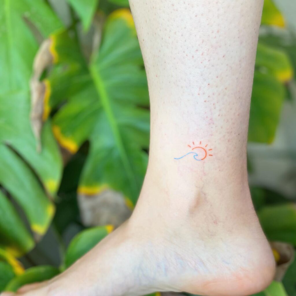 Girly Sun and Wave Tattoo With Color on Ankle