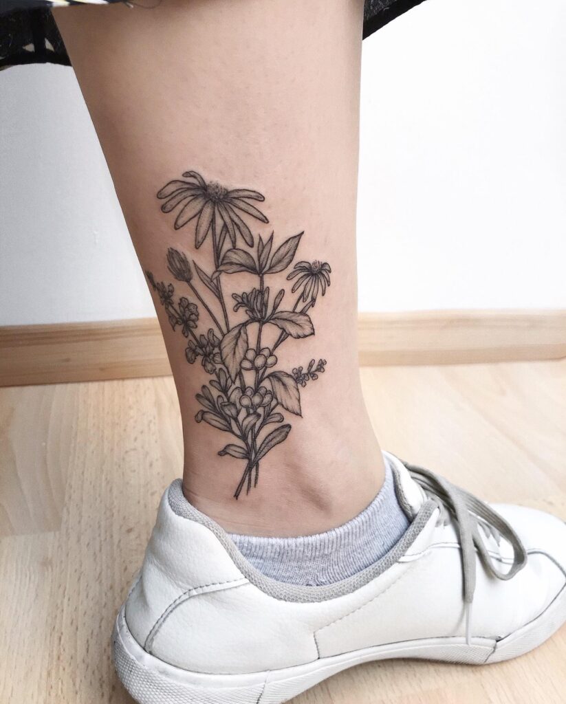 Girly cute coffee plant tattoo above ankle whimsical delight
