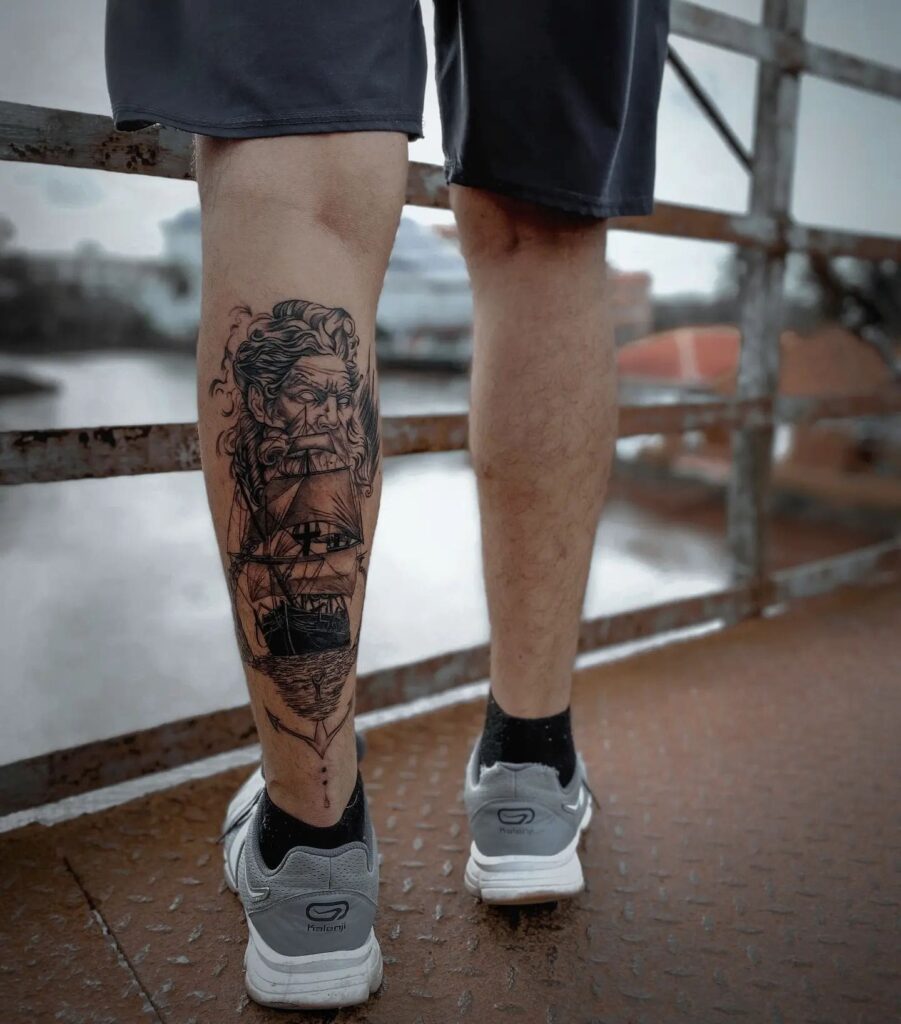 God of Sea and Sea Lover Tattoo on the Calf - Embracing Greek Mythology: Poseidon's Domain 