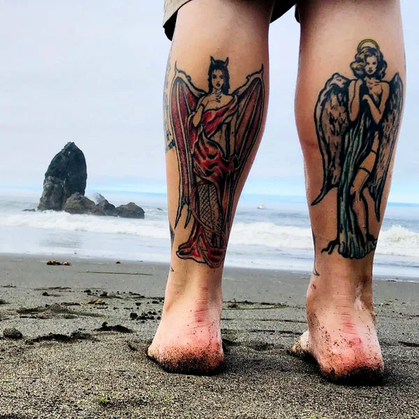 Good vs Evil Leg Tattoo