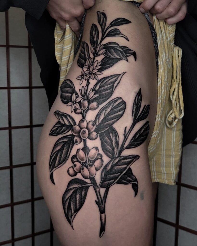 Gorgeous Full Thigh Womens Tattoo Beauty of Coffee Plant Art