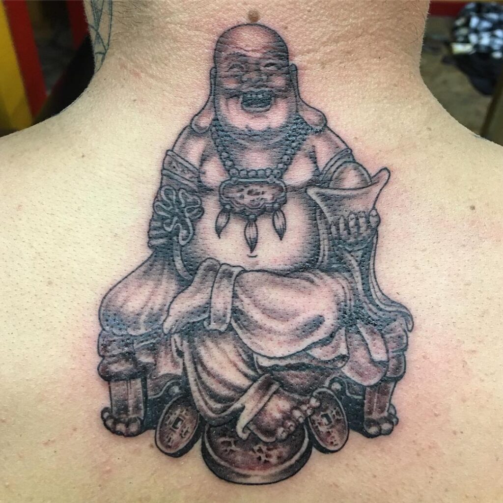 Gorgeous Neck Tattoo Laughing Buddha Design Serenity and Spiritual Connection 
