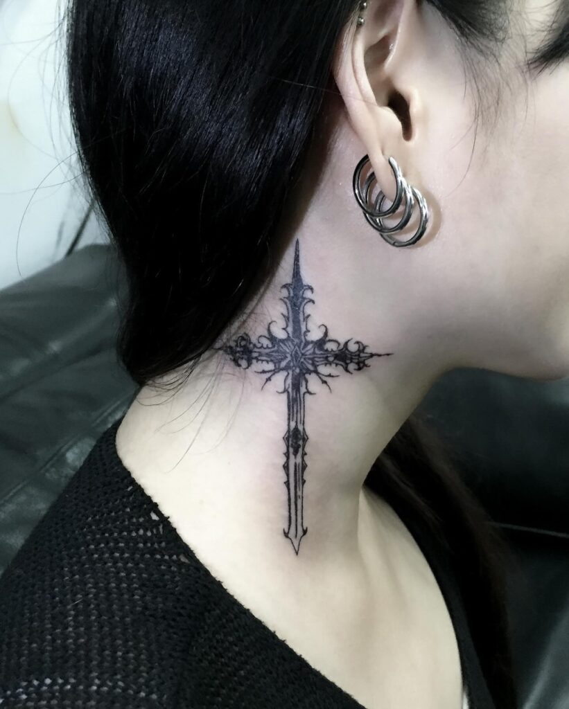 Gothic Cross Neck Tattoo Bold Ornamental and Symbolic Design