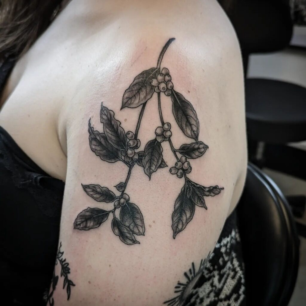 Grey Coffee Branch Tattoo on Shoulder for Women Nature-Inspired Art