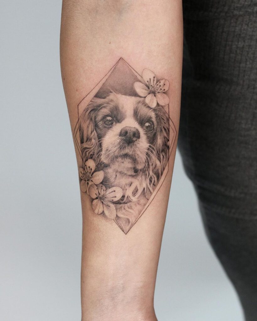Grey dog portrait with blossoms on the forearm blossoming bond