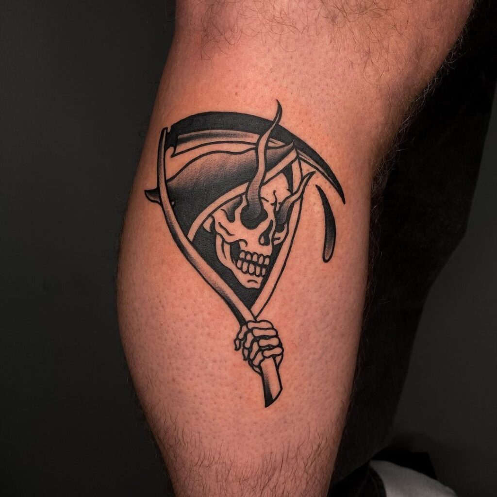Grim reaper lower leg tattoo men's blackwork calf design