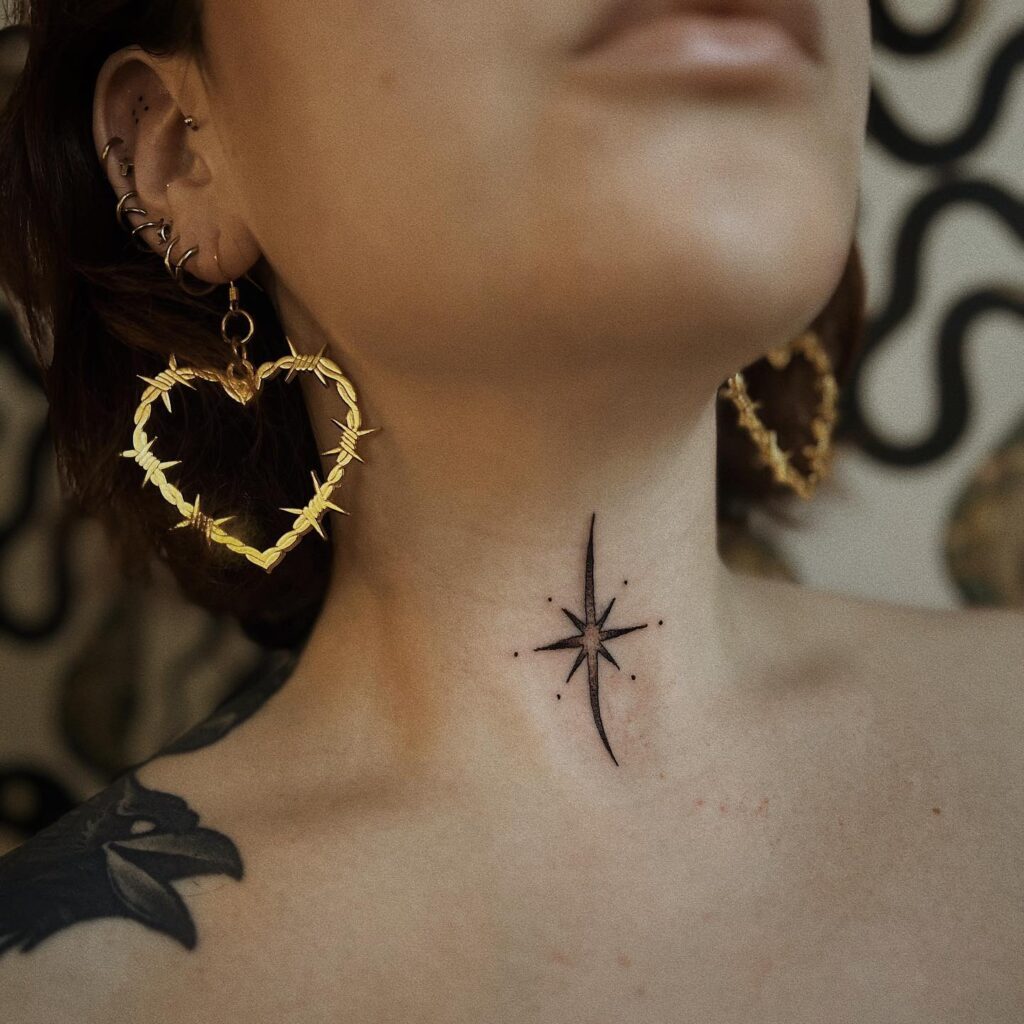 Guided by celestial light north star tattoo on the front neck for women