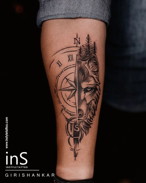 Half Faced Wolf Forearm Tattoo Design for Men