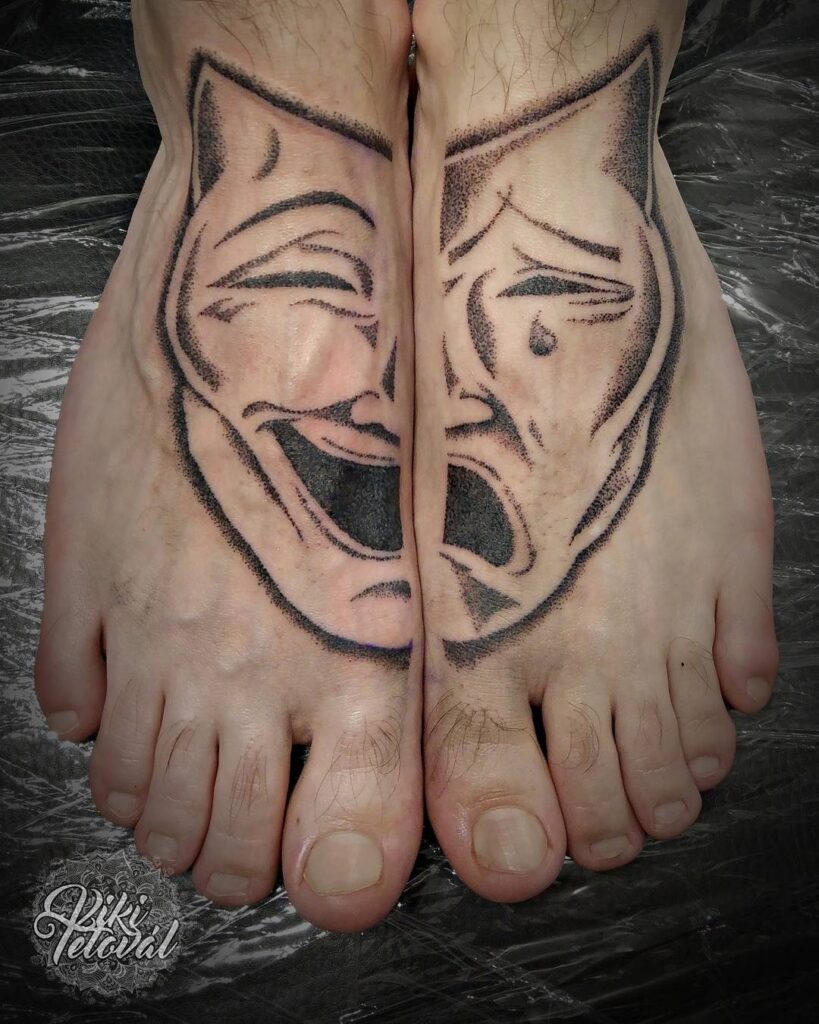 Half-Half Laugh And Cry Tattoo Design For Legs 