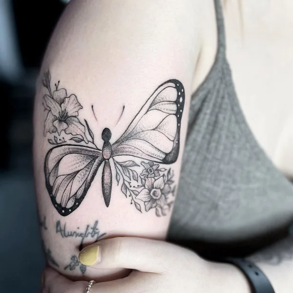 Half butterfly half flower tattoo 16