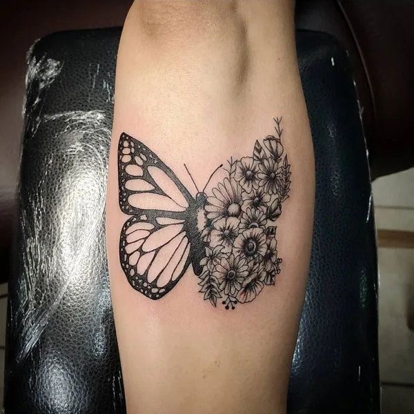 Half butterfly half flower tattoo 23
