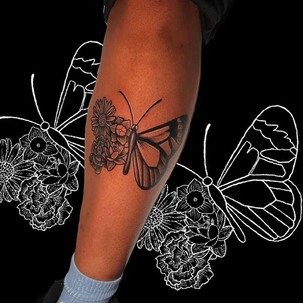 Half butterfly half flower tattoo 44
