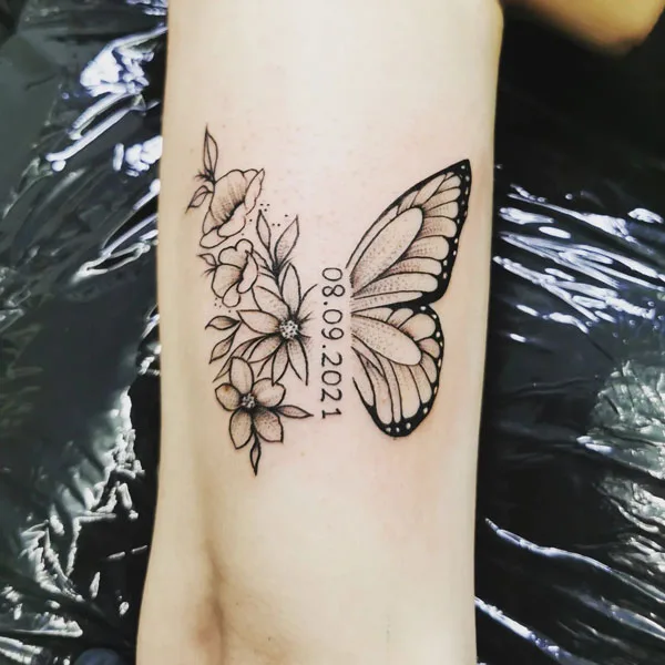 Half butterfly half flower tattoo 48