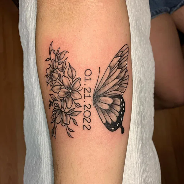 Half butterfly half flower tattoo 50