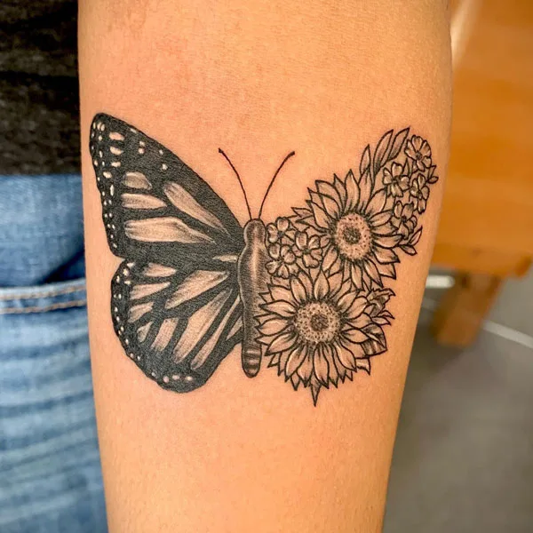 Half butterfly half flower tattoo 73
