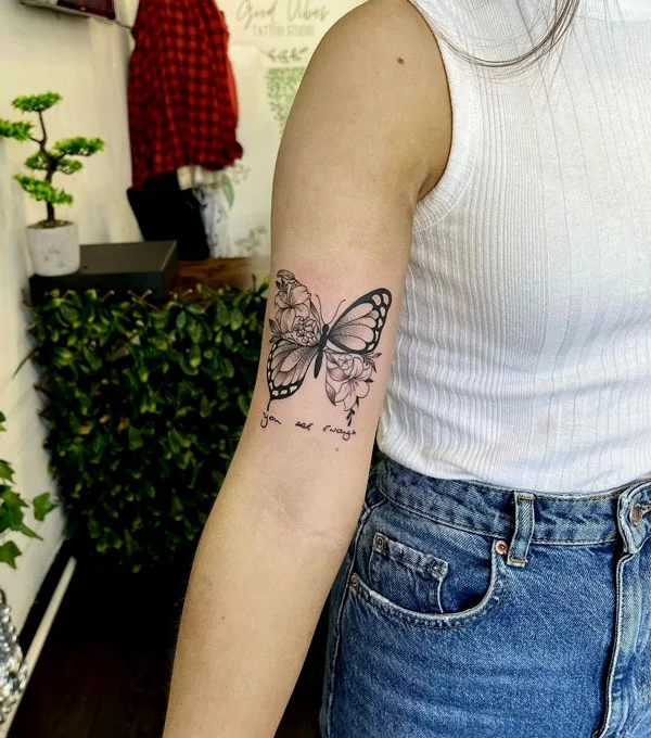 Half butterfly half flower tattoo small