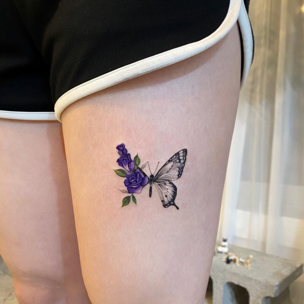 Half butterfly, half rose a floral fantasy on your thigh