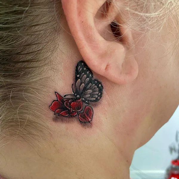 Half rose half butterfly tattoo behind ear