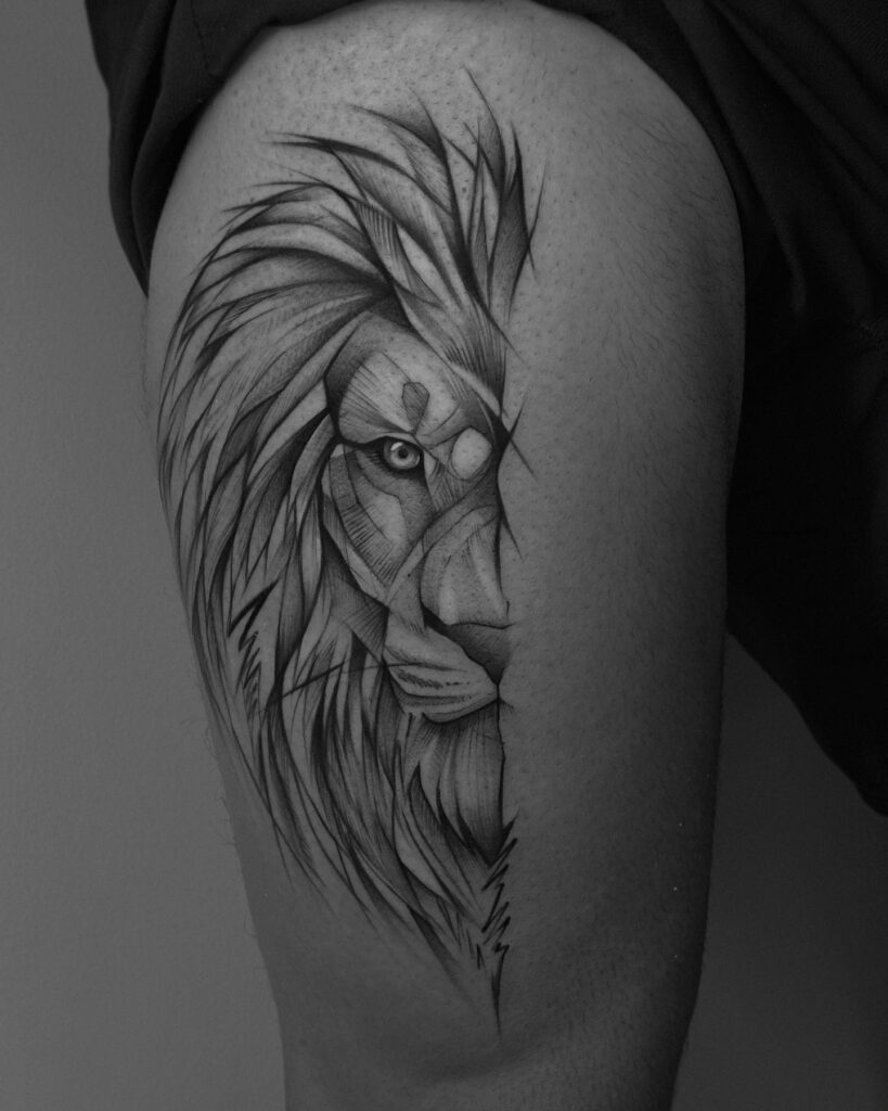 Half sketch geometric lion head tattoo on the thigh, dark and grey with an artistic mane geometric prowess