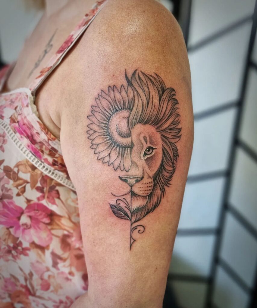 Half sunflower, half lion face tattoo on the upper arm: sunflower roar