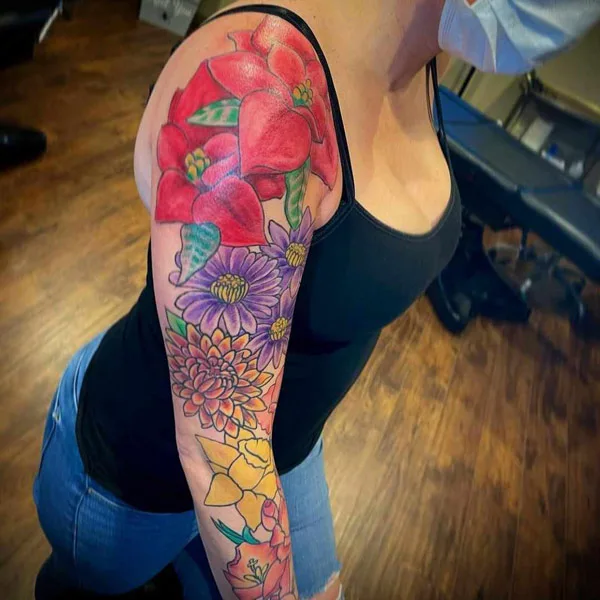 Hawaiian Flower Sleeve Tattoo