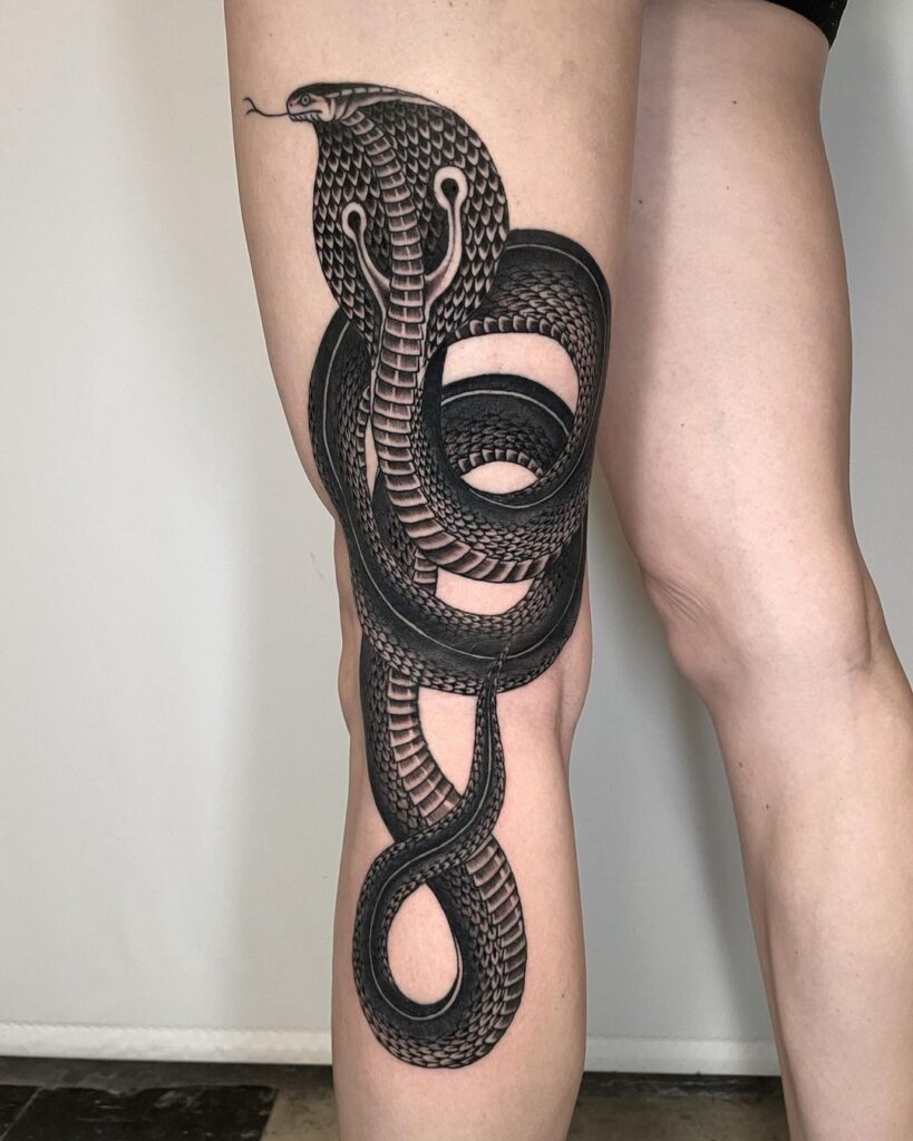 Healed king cobra tattoo from thigh to lower leg tongue twisting brilliance