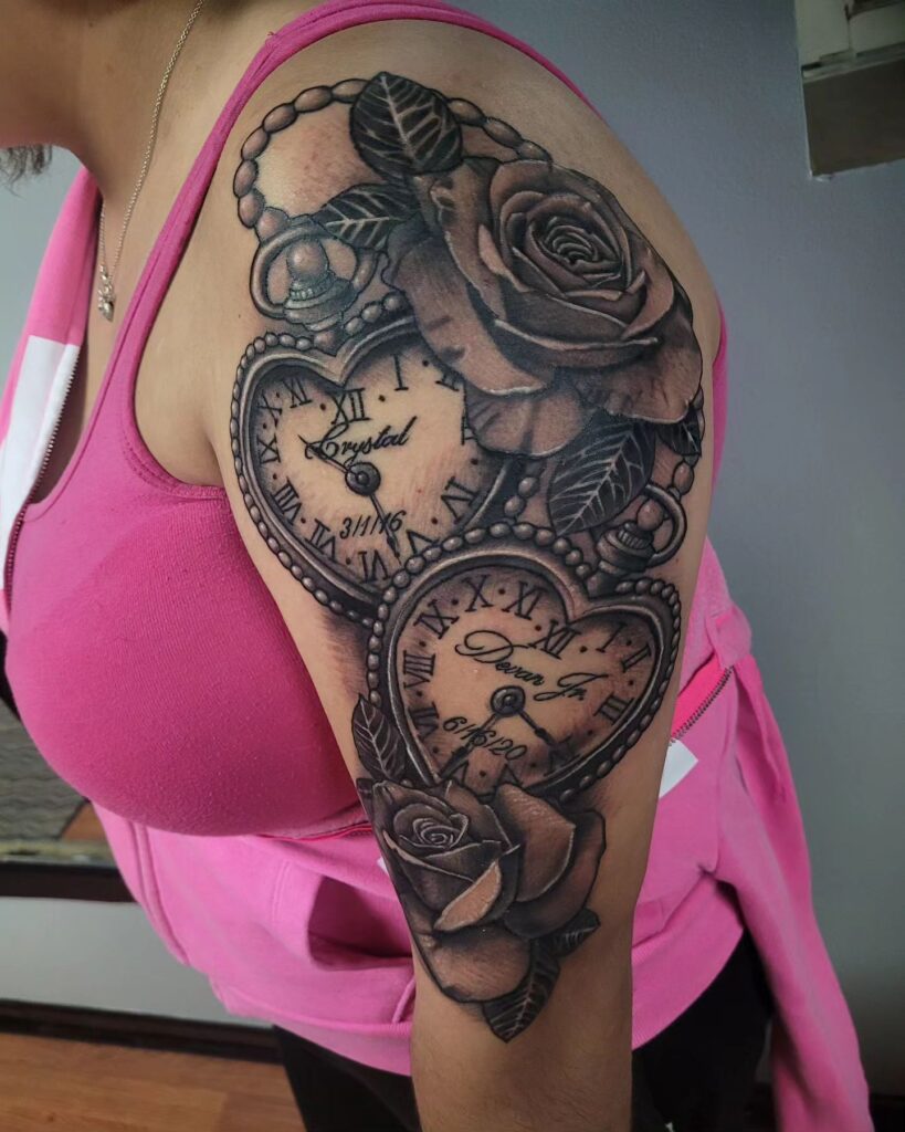 Heart-Shaped Clock with Roses Half Sleeve Tattoo for Women Cherishing Moments and Embracing Change