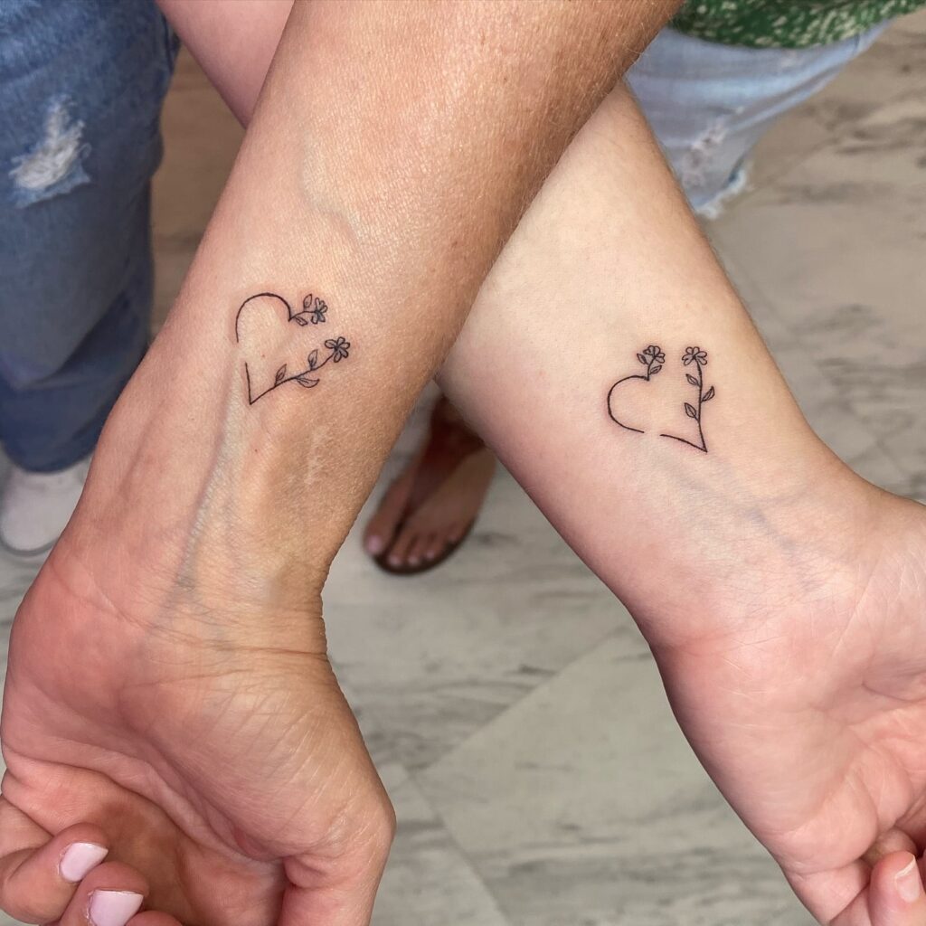 Heart and Floral Mother Daughter Tattoos for a Nurturing Connection