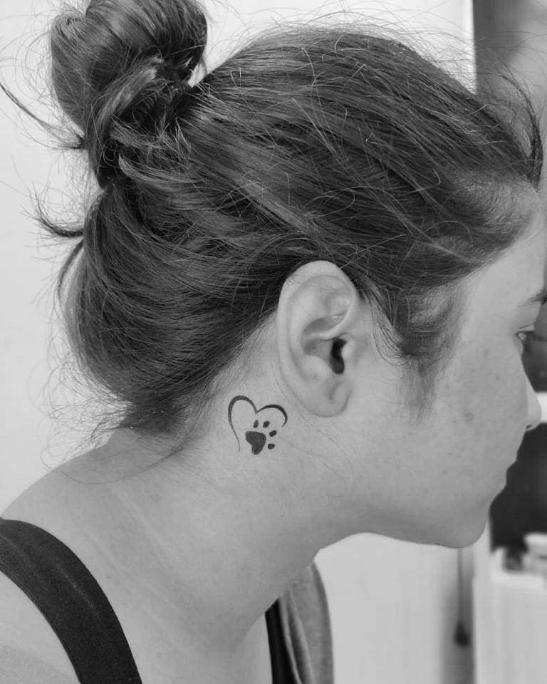 Heart Shaped Outline Completed with Dog Paw Print Tattoo on the Side of the Neck: Neck Nuzzle