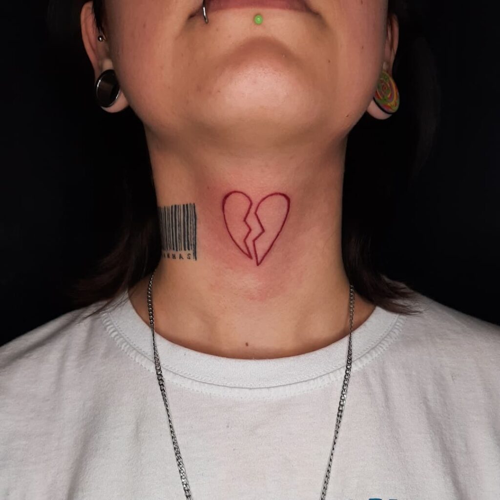 Hearts journey red outline broken heart tattoo on the front of the neck