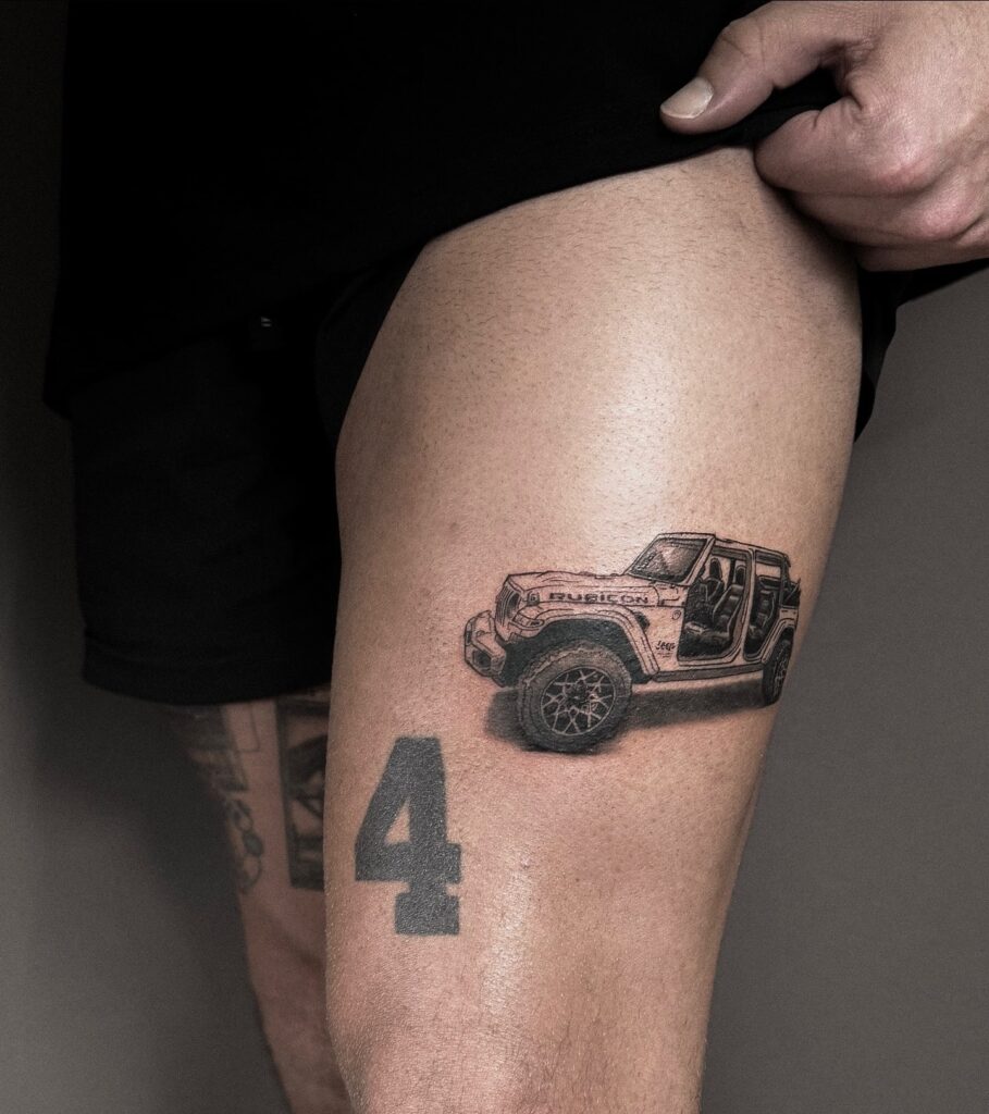 Highly Detailed Jeep Wrangler Rubicon 2021 Tattoo on Thigh for Men, Symbolizing Adventure – Car Tattoo Ideas