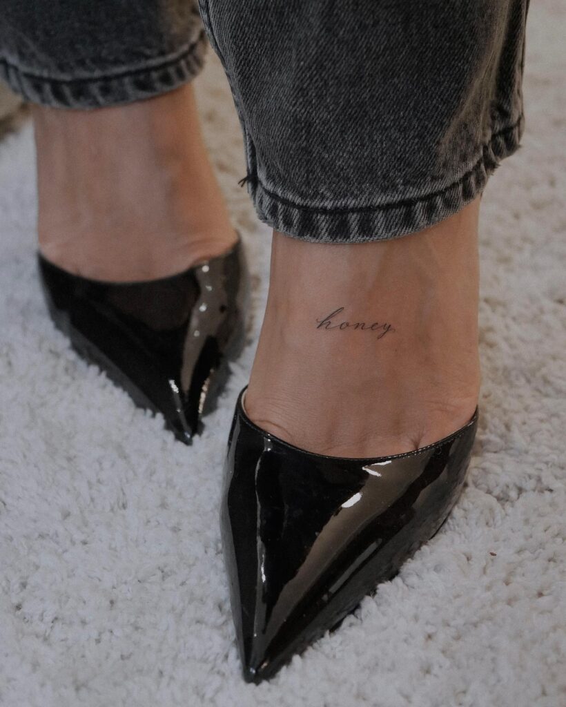 Honey Script Word Lettering Tattoo on the Foot, A Dainty Expression of Sweetness: Sweet Nectar